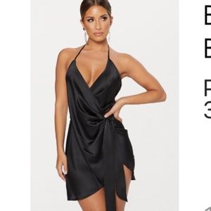 Black satin halter neck wrap dress